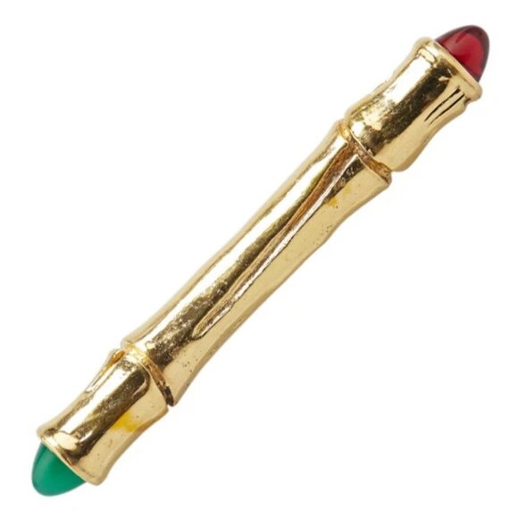 CHANEL Green Red Gripoix Stone Bamboo Brooch Gold Tone 102 Pin Auth w/Box - Picture 1 of 6